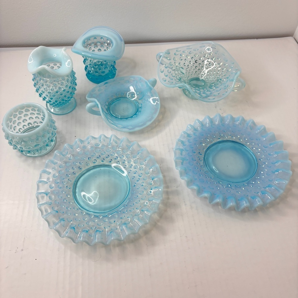 VTG Fenton Blue Opalescent Hobnail 7 pc lot Trinket Candy Dishes Votive Bud Vase - Picture 11 of 16